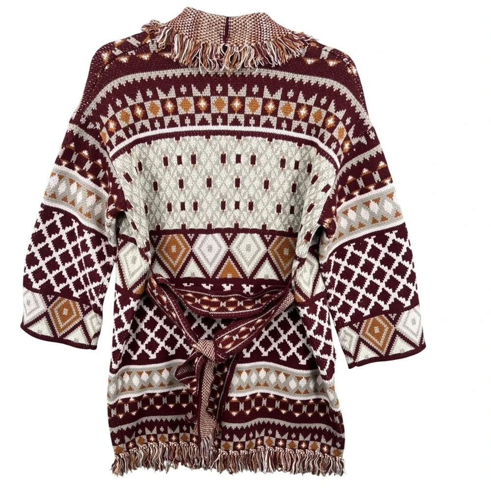 Maxsport Women's Fringe Belted Knit Cardigan Sweater Boho Aztec Print Size‎ S